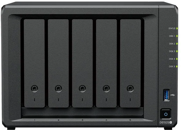 Network Attached Storage Synology DiskStation DS1525+, 5-Bay, AMD Ryzen V1500B 2.2GHz, 8GB DDR4 ECC, max 32GB, SATA & M.2 NVMe, 2x2.5GbE, USB 3.2, PCIe, max 108TB, RAID, Hot Swap, Negru