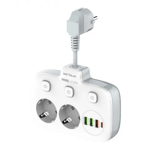 Serioux Prelungitor PS24W, 2x Schuko, 3x USB,1x USB-C, White