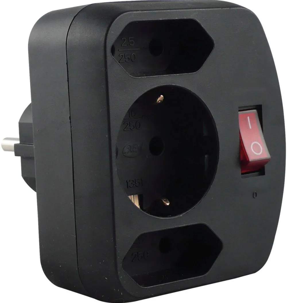 REV Priza / Prelungitor 3-fold Adapter w. switch black