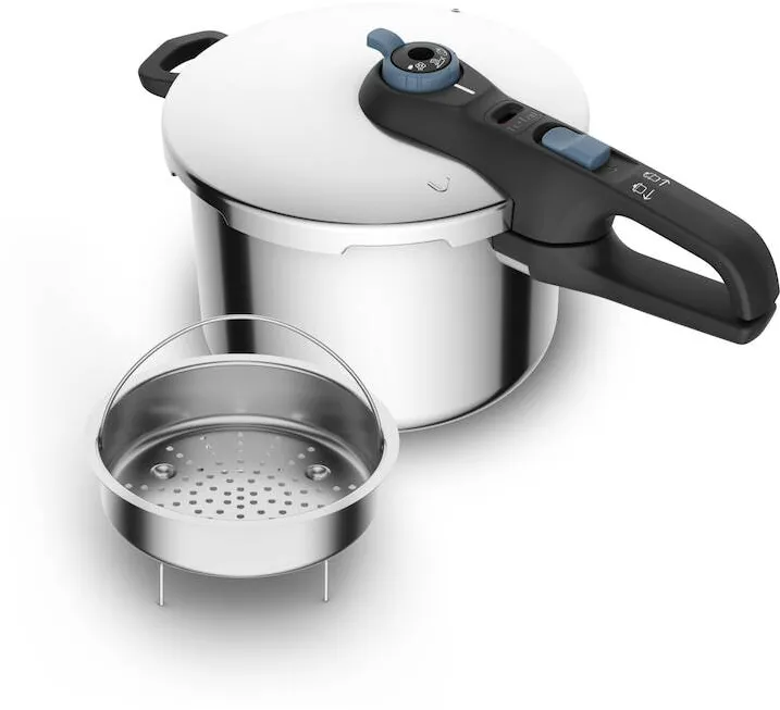TEFAL Oala sub presiune Secure Trendy 6 Aqua Blue, 6L, 2 trepte de gatire, 5 sisteme de siguranta, indicator presiune, inductie, inox cu maner negru cu insertii albastre