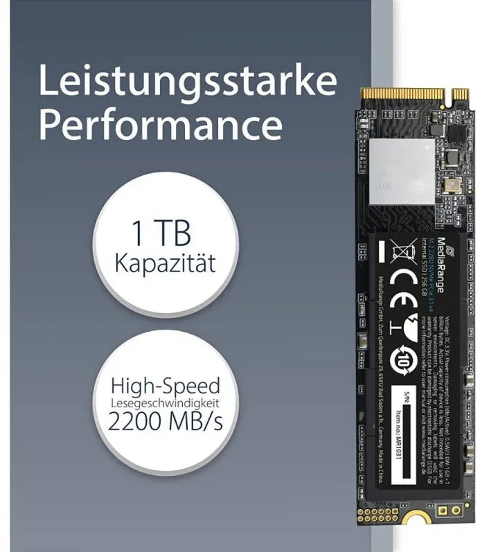 SSD MediaRange Intern.M.2 2280 NVMe PCIe TLC Nand 1TB