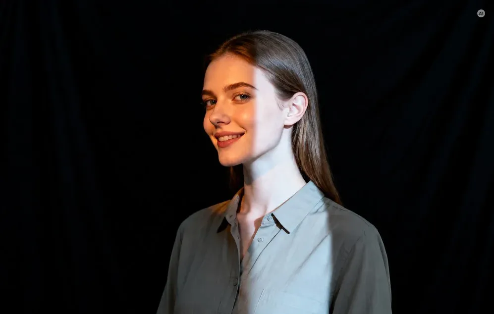 Portretul unei femei zâmbitoare într-un studio întunecat, iluminată de o lumină laterală cu o linie distinctă de umbră.