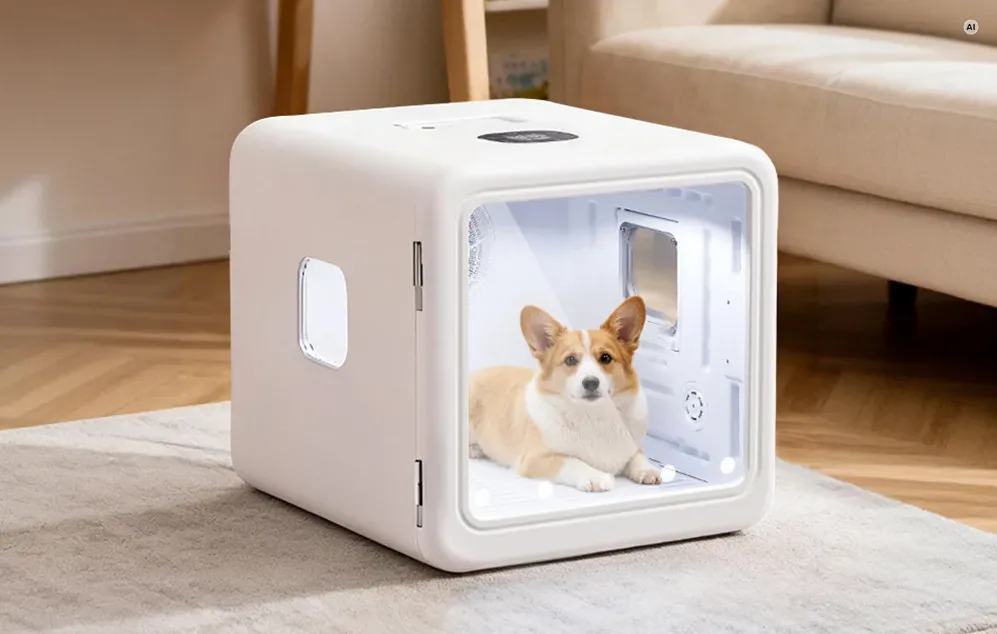 Un corgi întins în interiorul unui dulap alb de uscare pentru animale de companie, care este pornit și amplasat în sufragerie.