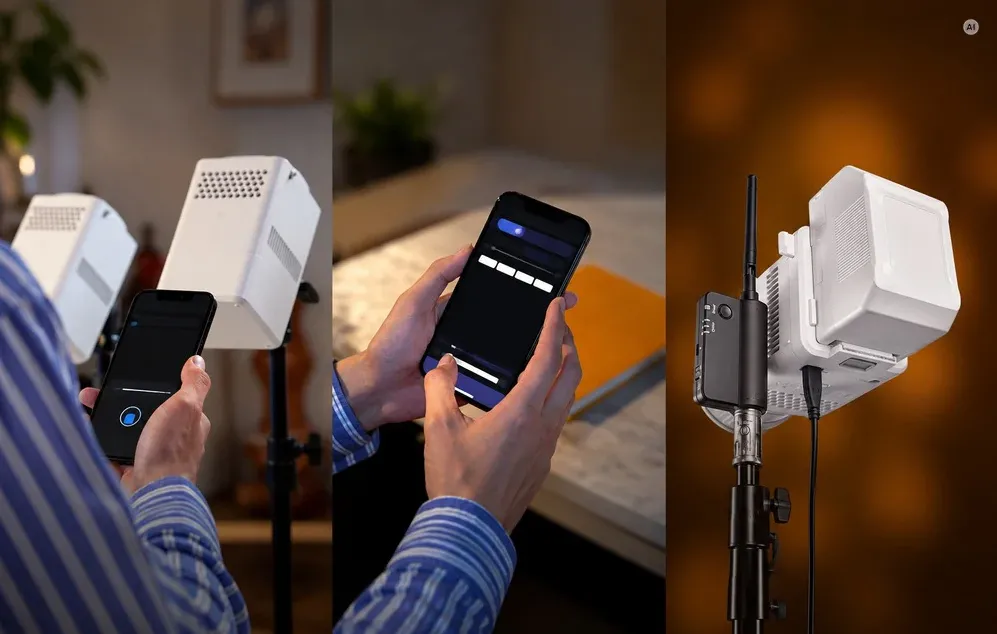 Controlul și reglarea fără fir a setărilor lămpii LED albe Godox prin intermediul unei aplicații pentru smartphone.