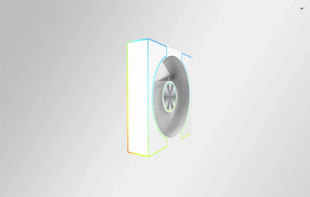 Ventilator de calculator alb, pătrat, cu iluminare multicoloră pe margini, văzut din profil.