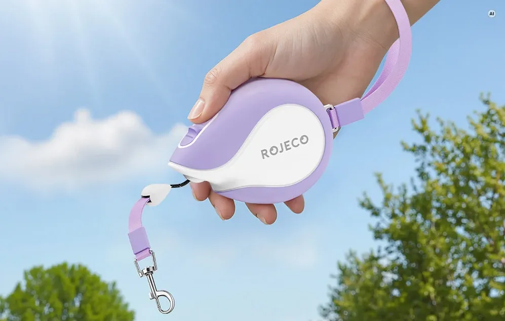 O mână care ține o lesă automată pentru câini Rojeco, violetă și albă, cu curea de mână, pe fundalul cerului.
