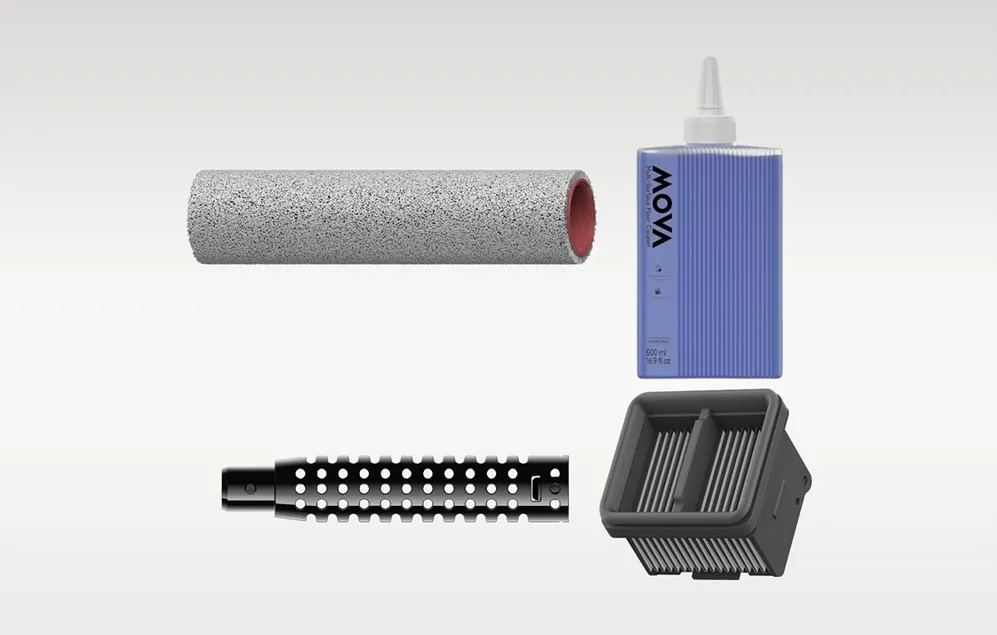 Accesorii: sticlă cu soluție de curățare a pardoselii, filtru, perie rotativă și modul de neutralizare a mirosurilor.