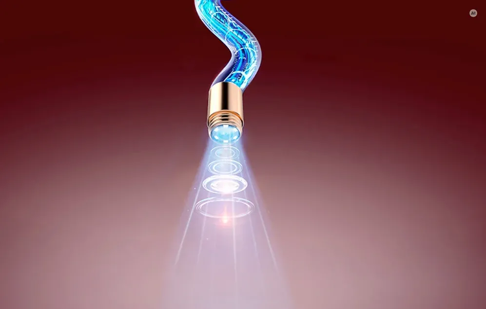 Vârful auriu al unui otoscop cu cameră, care emite un con de lumină albă strălucitoare pe un fundal roz.