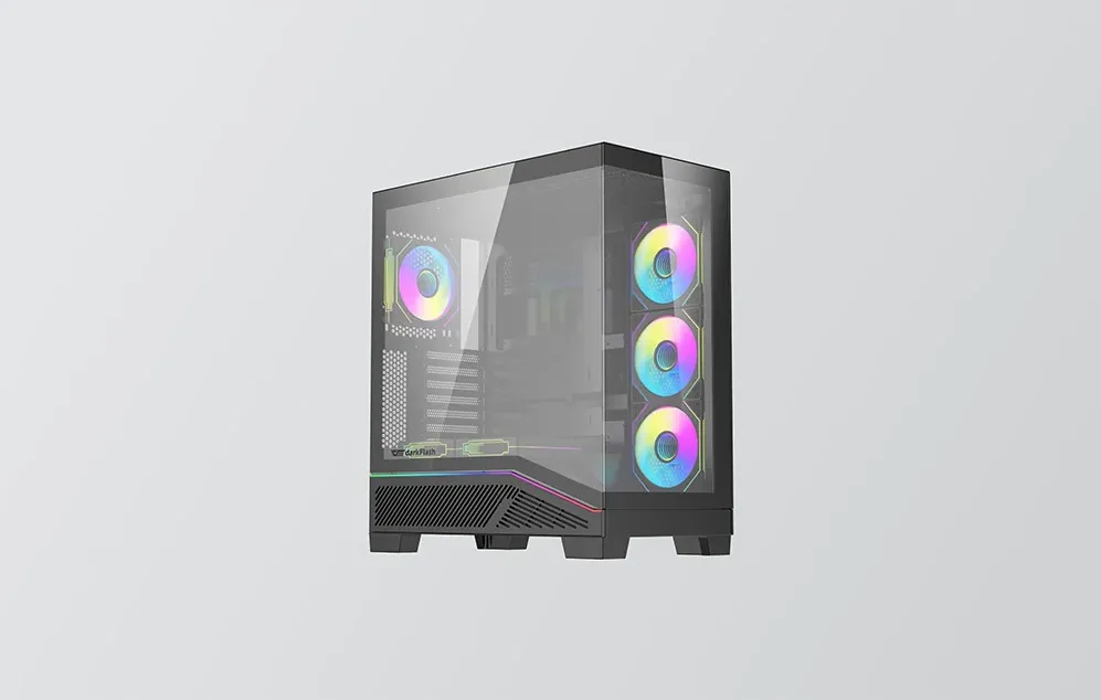 Carcasă de computer neagră cu panou lateral și panou frontal din sticlă, precum și trei ventilatoare cu iluminare de fundal multicoloră.