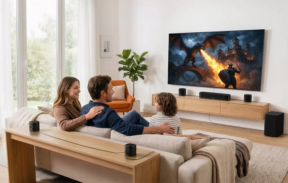 O familie cu un copil se uită la un film în sufragerie; difuzoarele și bara de sunet sunt amplasate sub televizor