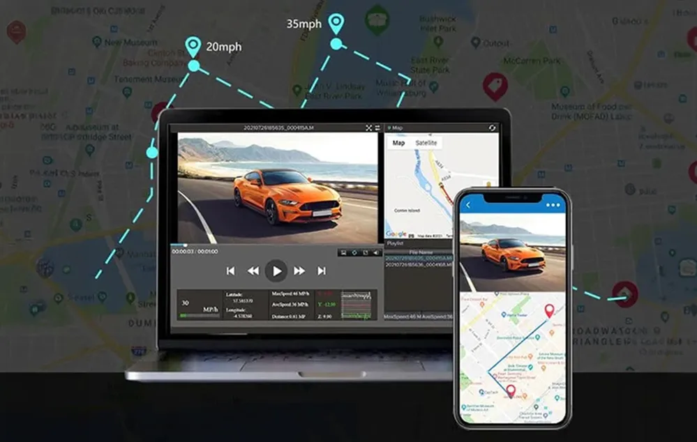 Laptop și smartphone cu o aplicație pentru vizualizarea înregistrărilor camerei de bord și a hărții rutei GPS