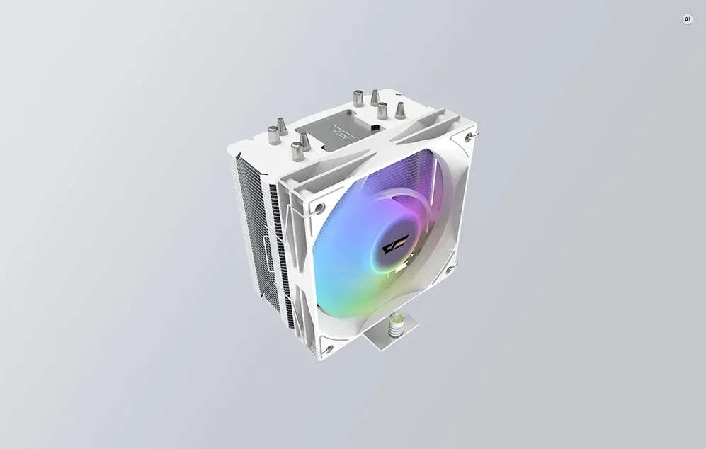 Răcitor de procesor Darkflash cu iluminare ARGB a ventilatorului activată, prezentat dintr-un unghi.