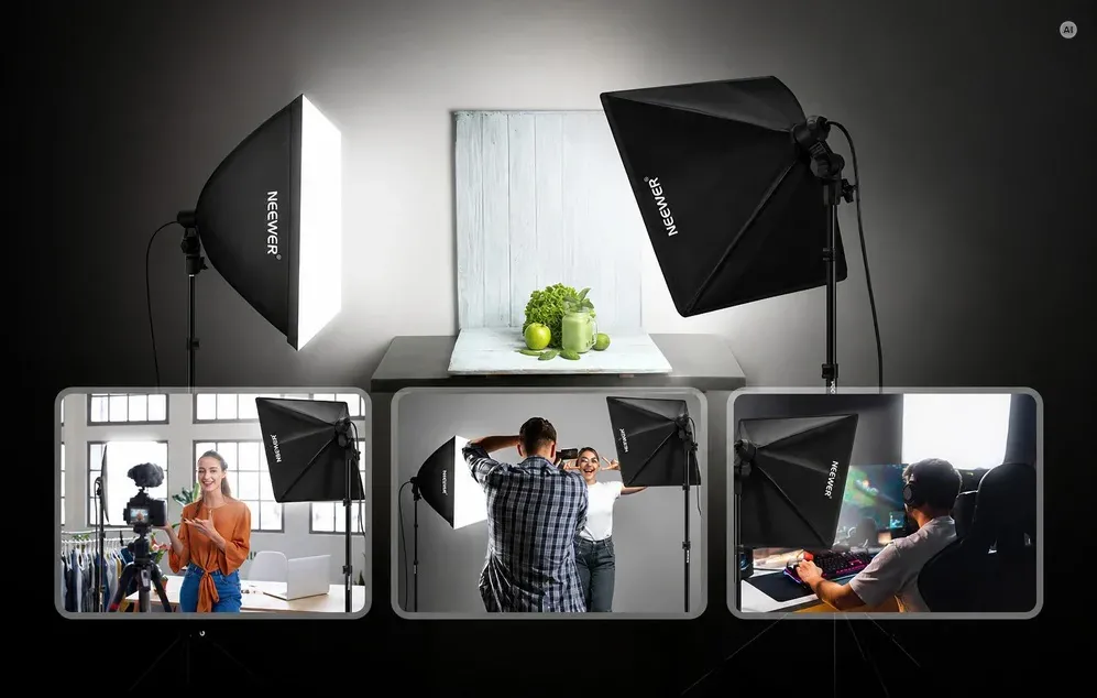 Utilizarea luminilor de studio în înregistrări video, ședințe foto și transmisiuni în direct.