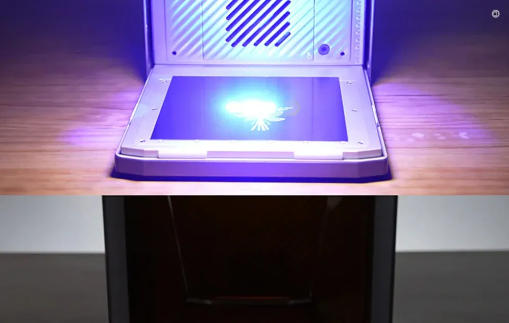 Lumina laserului care iluminează o farfurie albastră așezată în camera aparatului de gravat cu laser.