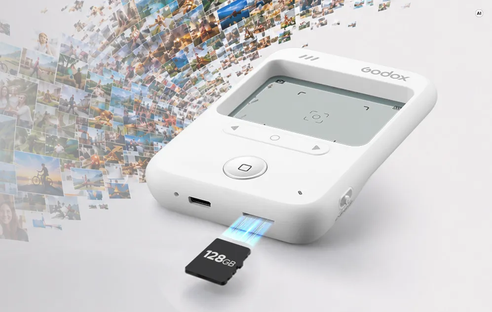 Un expometru Godox alb, cu un card de memorie MicroSD de 128 GB introdus în slotul inferior, așezat pe un fundal alcătuit dintr-un mozaic de fotografii.