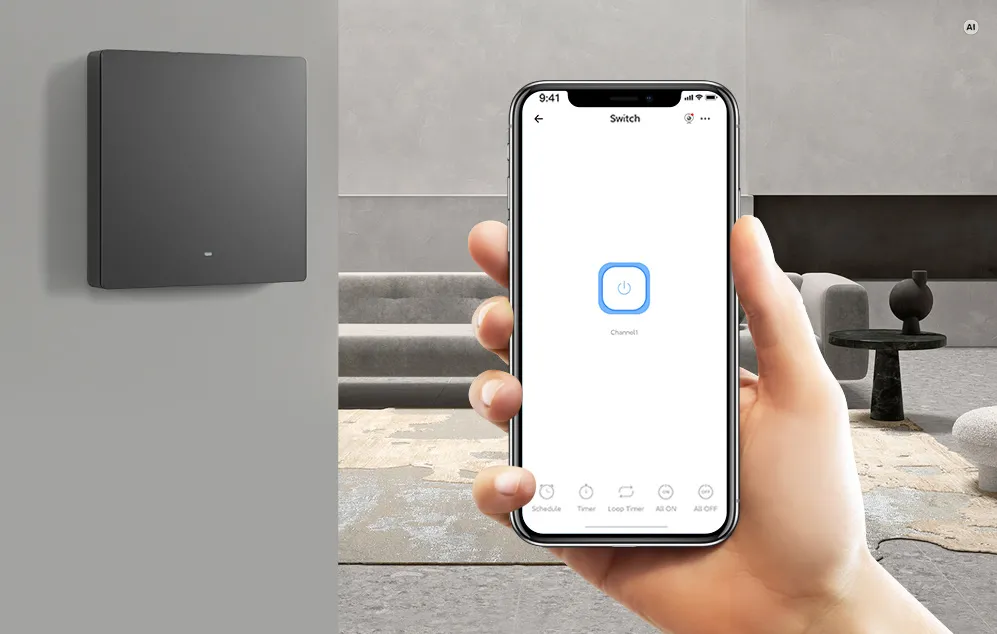 O mână care ține un smartphone cu aplicația care controlează întrerupătorul de perete Sonoff SwitchMan M5 într-un living modern
