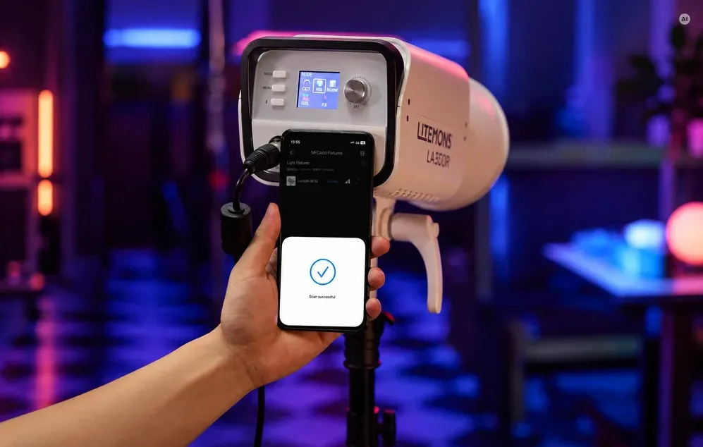 Conectarea fără fir a unui smartphone la o lampă LED albă Godox Litemons LA360R folosind tehnologia fără contact NFC.