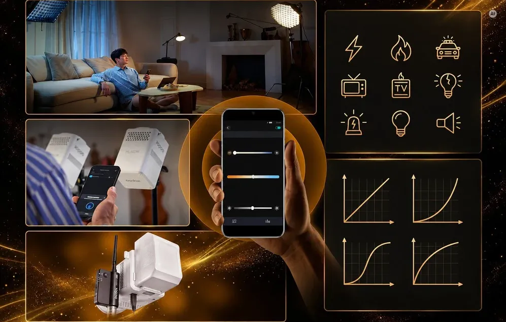 Controlul fără fir al unei lămpi albe Godox prin intermediul unei aplicații mobile, care oferă o selecție de efecte de iluminare și curbe de reglare a intensității luminoase.