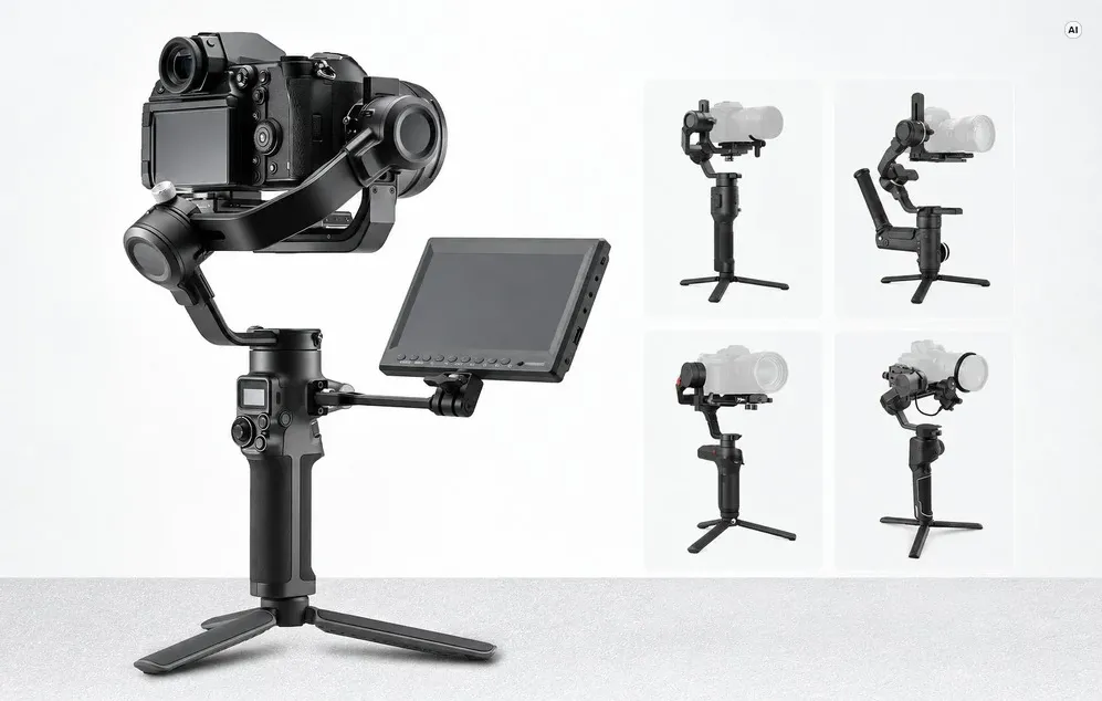 Un gimbal cu o cameră montată și un ecran de previzualizare suplimentar pe un trepied, împreună cu schemele de asamblare.