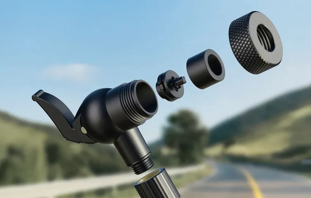 O imagine a pieselor dezasamblate ale unei valve de pompă de bicicletă pe fundalul unui drum estompat și al unui peisaj montan