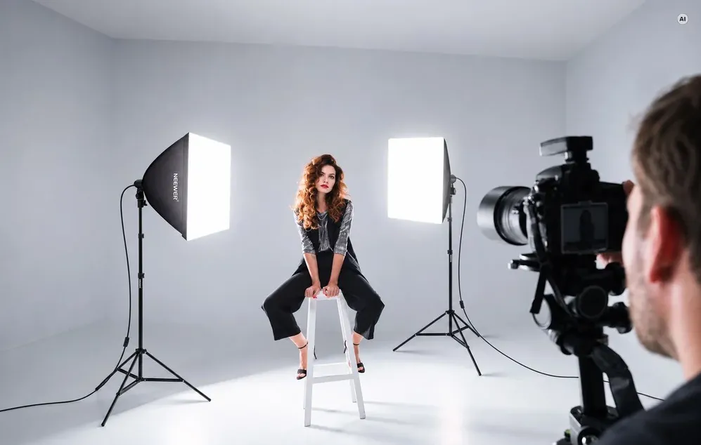 Un model pozând pe un scaun într-un studio foto, iluminat de două lămpi.