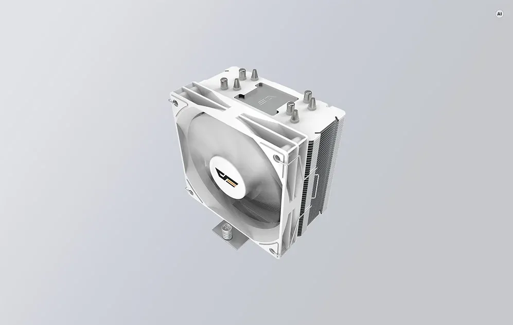 Răcitor Darkflash alb cu ventilator și radiator din aluminiu montat, prezentat pe un fundal deschis.