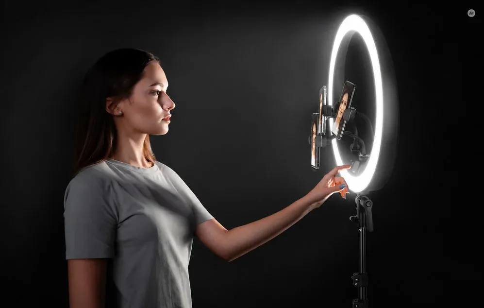 O femeie îmbrăcată într-un tricou gri folosește panoul tactil al unui inel luminos montat pe un trepied.