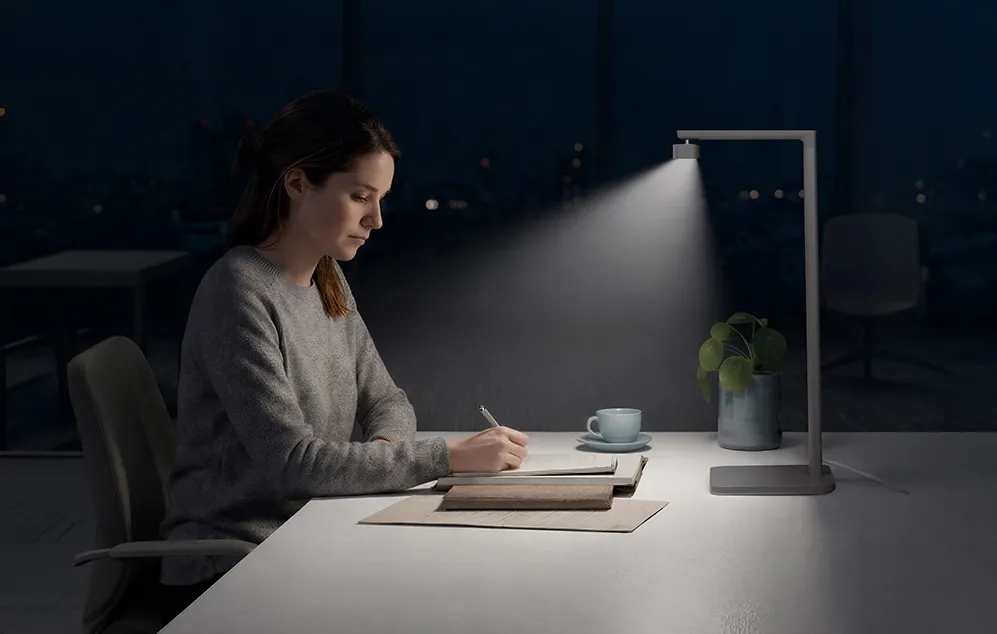 O femeie scriind într-un caiet la un birou iluminat noaptea de lumina puternică și concentrată a unei lămpi LED