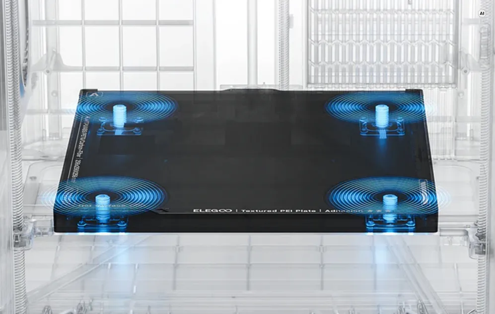 Placa de imprimare cu folie PEI pe imprimanta 3D Elegoo Centauri Carbon, prezentând cei patru senzori