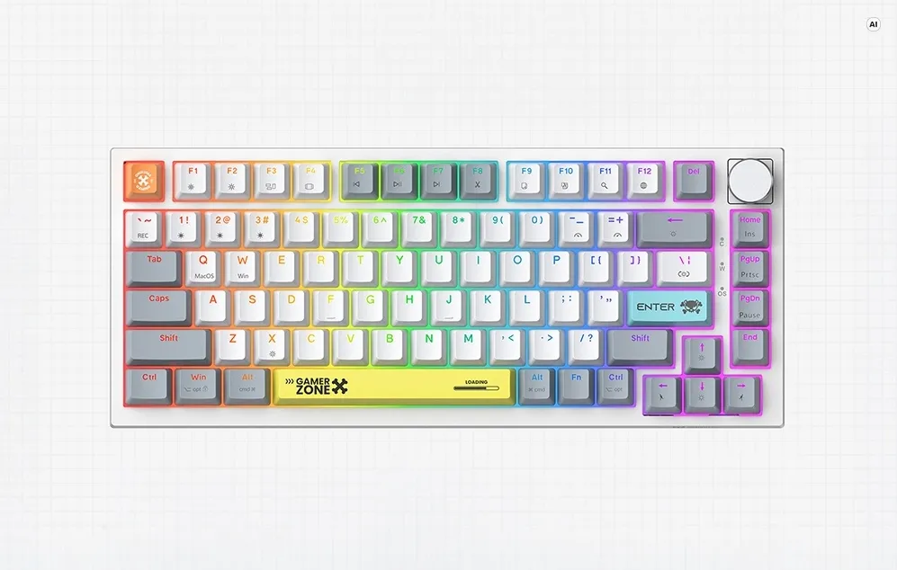 Tastatura de gaming Onikuma G52 albă, cu iluminare din spate RGB multicoloră, privită de sus