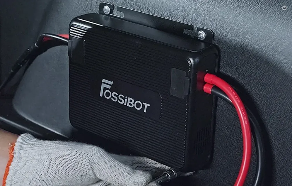 Instalarea unui încărcător auto Fossibot negru, cu cabluri de alimentare groase vizibile în interiorul vehiculului.