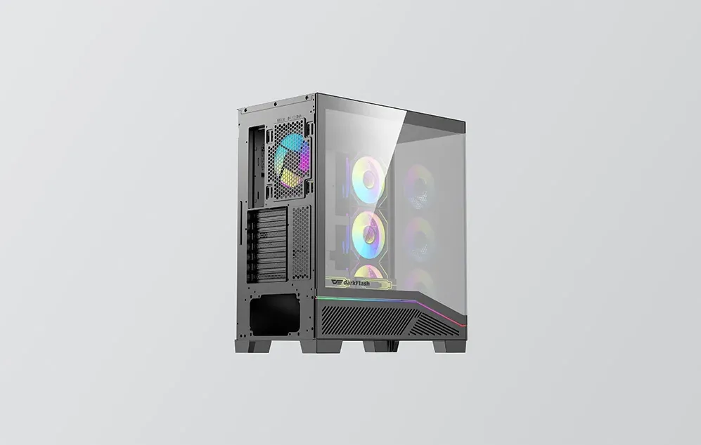 Panoul din spate și panoul lateral din sticlă al carcasei negre pentru computer, prevăzute cu un ventilator iluminat din spate și spațiu pentru sursa de alimentare.