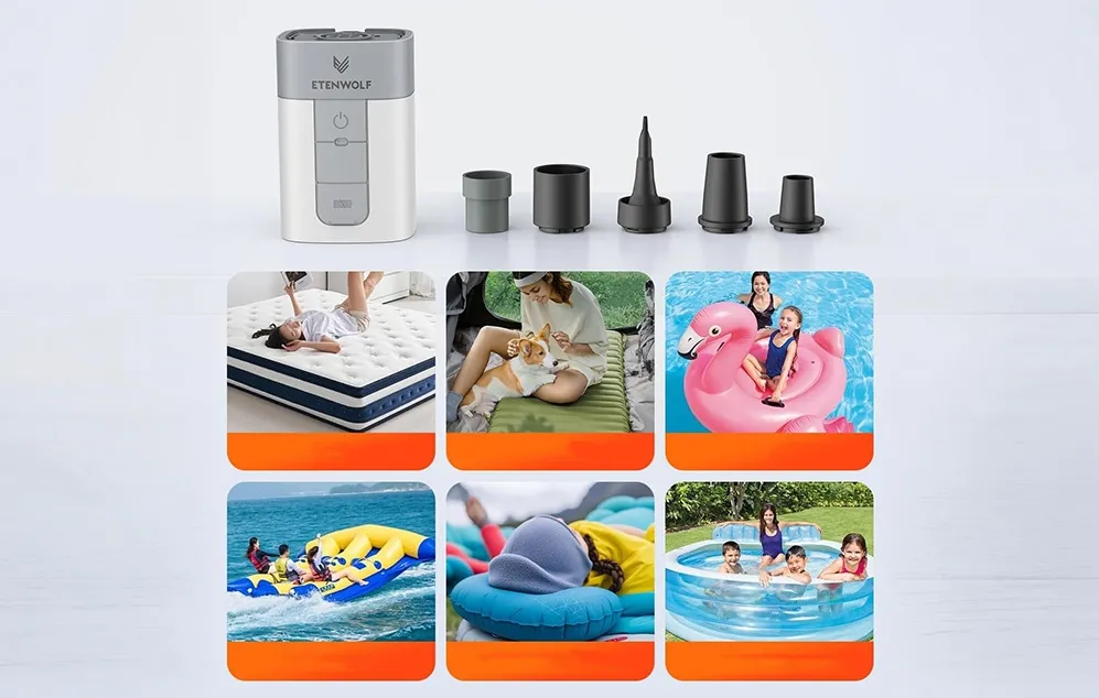 Pompa electrică Etenwolf cu duze interschimbabile; mai jos sunt prezentate diverse utilizări ale dispozitivului: umflarea unei saltele, a unei bărci gonflabile, a unei piscine etc.