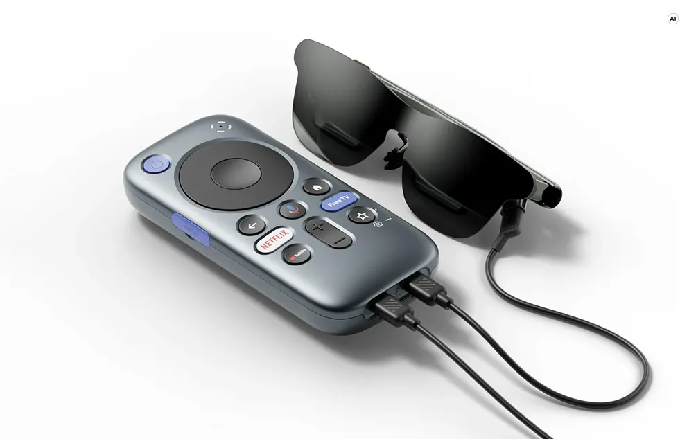 O telecomandă cu fir pentru conținut multimedia, conectată la ochelari moderni concepuți pentru vizionarea filmelor.