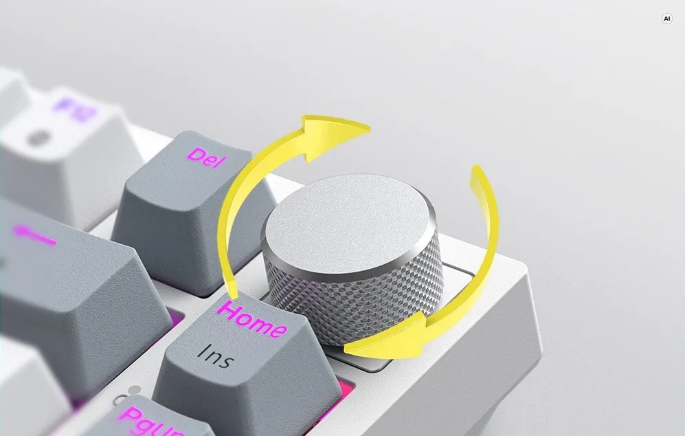 Butonul argintiu de control al volumului de pe tastatura mecanică albă Onikuma G52