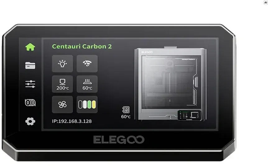Ecranul tactil al imprimantei 3D Elegoo Centauri Carbon, care afișează interfața de control și temperatura