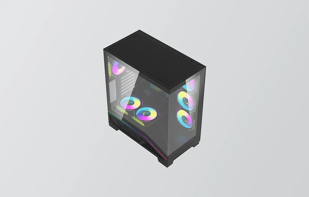 Vedere de sus a carcasei negre pentru computer, care arată ventilatoarele iluminate color din interior.