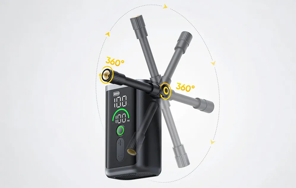 O pompă electrică portabilă cu un furtun pivotant la 360 de grade și un afișaj digital care indică presiunea