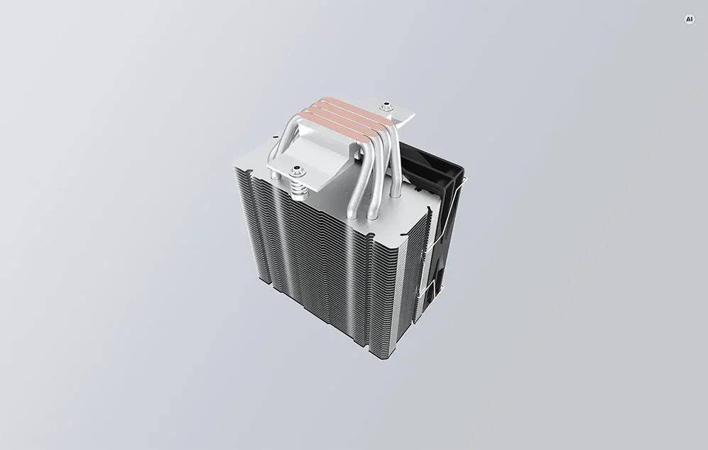 Vedere din partea de jos a radiatorului din aluminiu Darkflash, cu tuburi de căldură din cupru vizibile și baza de montare.