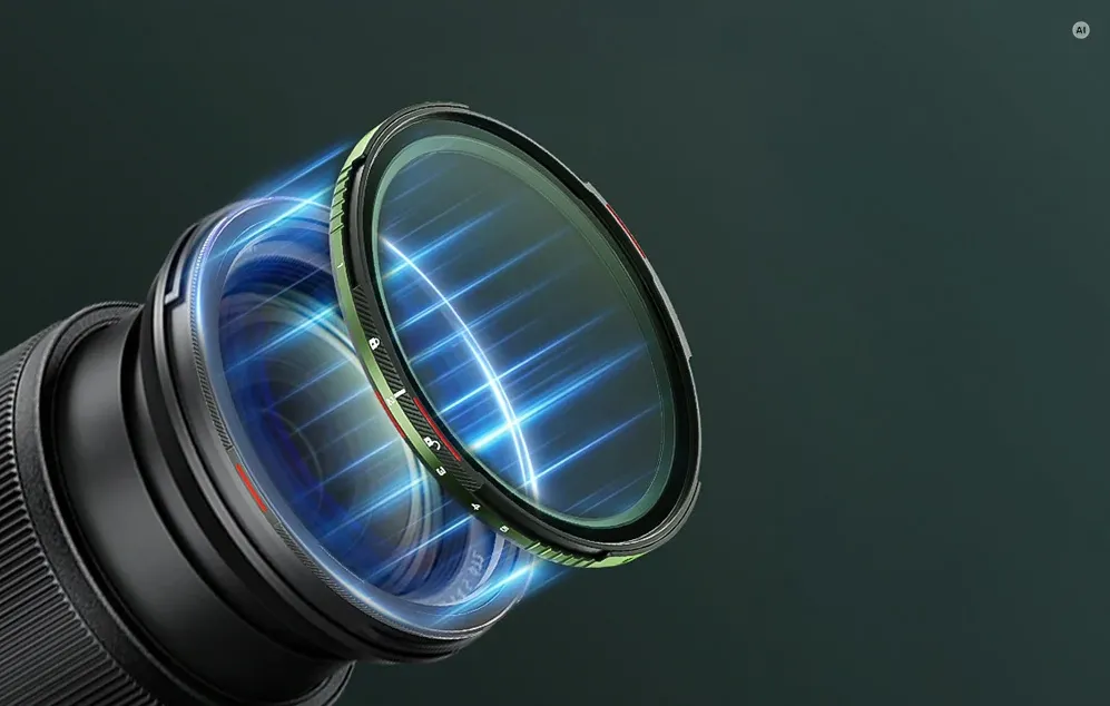 Ilustrație a montării unui filtru foto magnetic Freewell pe obiectivul unei camere foto