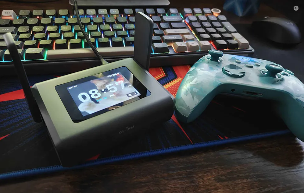 Un router compact GL.iNet cu ecranul tactil activ, așezat pe o masă de gaming lângă un controler.