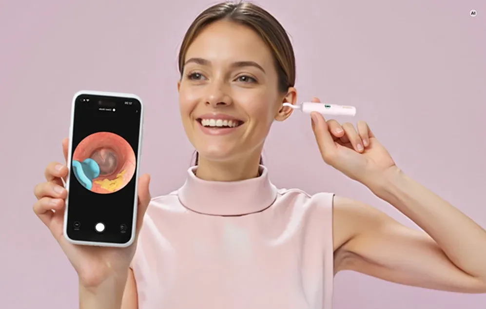 O femeie privește în lateral, ținând într-o mână un smartphone care arată interiorul urechii și, în cealaltă, un otoscop lipit de ureche.