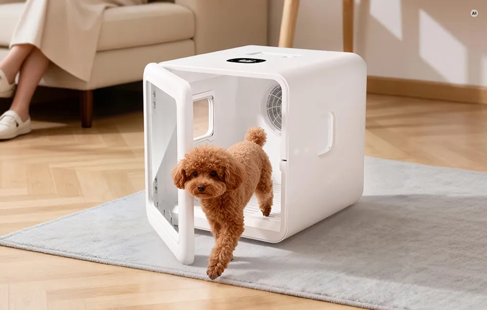 Un câine mic, de culoare maro, ieșind pe ușa ușor deschisă a unei cabine albe de uscare pentru animale de companie.