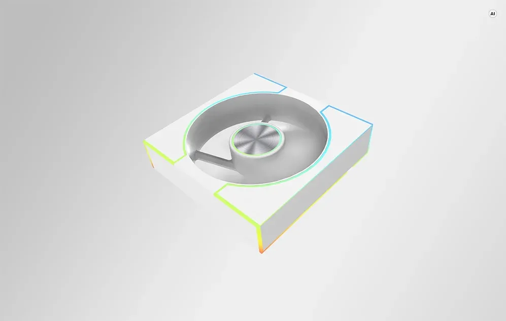 Un ventilator de calculator într-un cadru alb cu iluminare de fundal colorată, fotografiat de sus dintr-un unghi ușor.