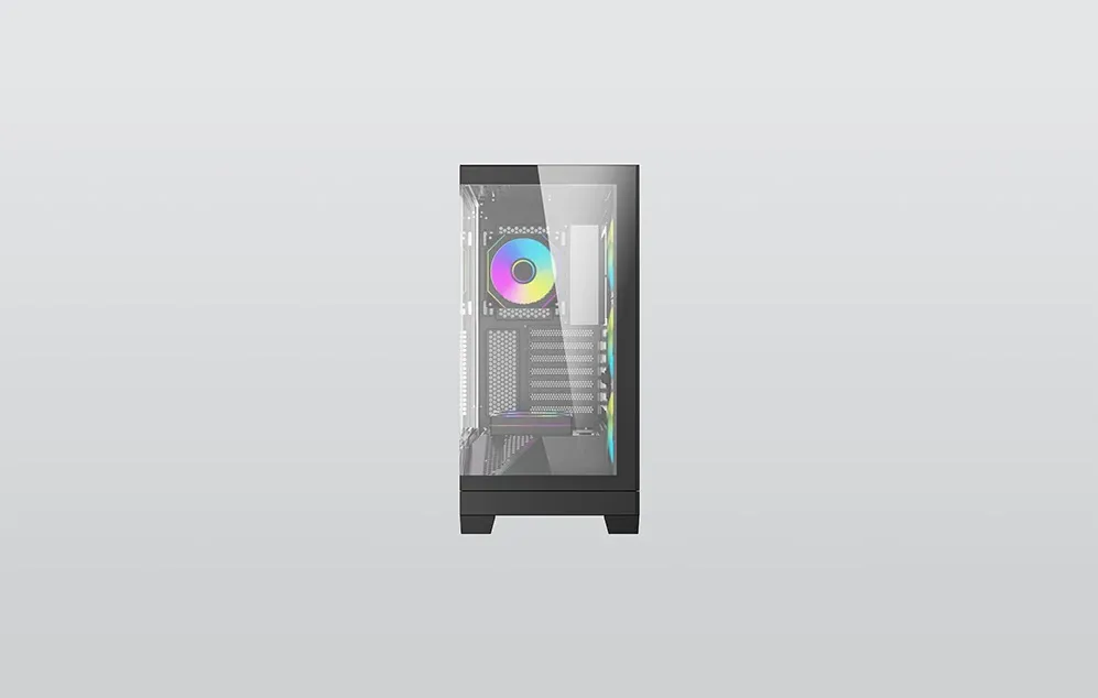 Panoul lateral din sticlă al unei carcase negre pentru computer, cu un ventilator iluminat multicolor vizibil.