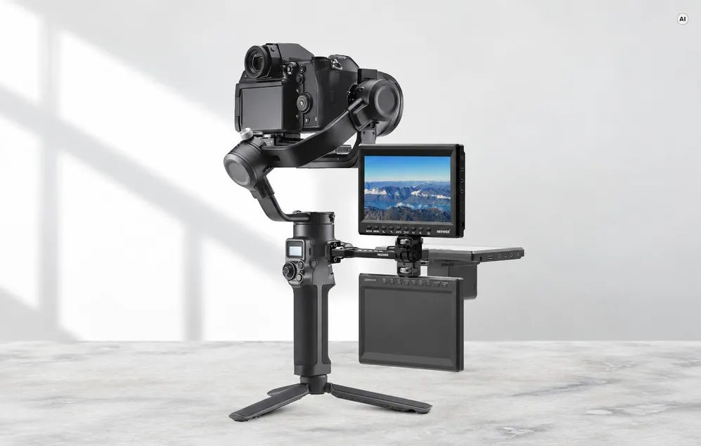 Stabilizator cu o cameră și două ecrane de previzualizare conectate, așezat pe o suprafață plană.