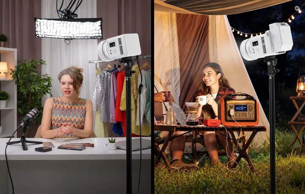 O comparație între lampa LED albă Godox utilizată într-un studio de înregistrare și în aer liber lângă un cort, alimentată de o stație de alimentare.