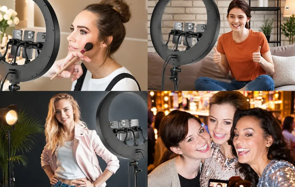 Un colaj de fotografii care ilustrează utilizarea luminii inelare pentru machiaj, înregistrarea videoclipurilor și fotografie.