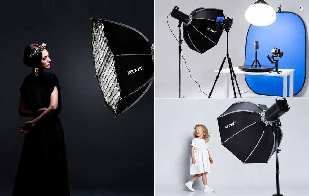 Utilizarea softbox-ului Neewer în sesiuni de fotografie de portret, de produs și de copii.