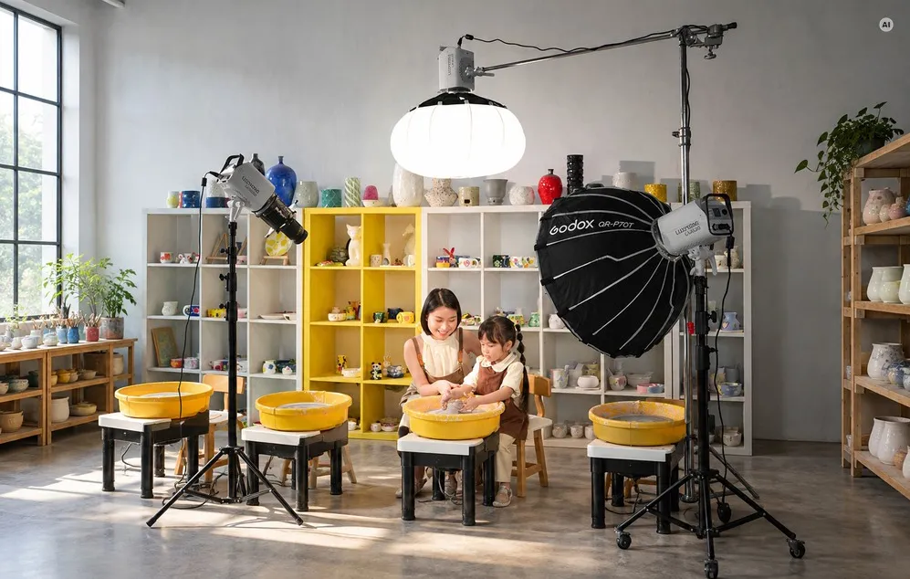Un atelier de olărit în care se află o femeie și un copil la roata olarului, iluminați de un set de lumini Godox cu softbox-uri și un difuzor sferic.